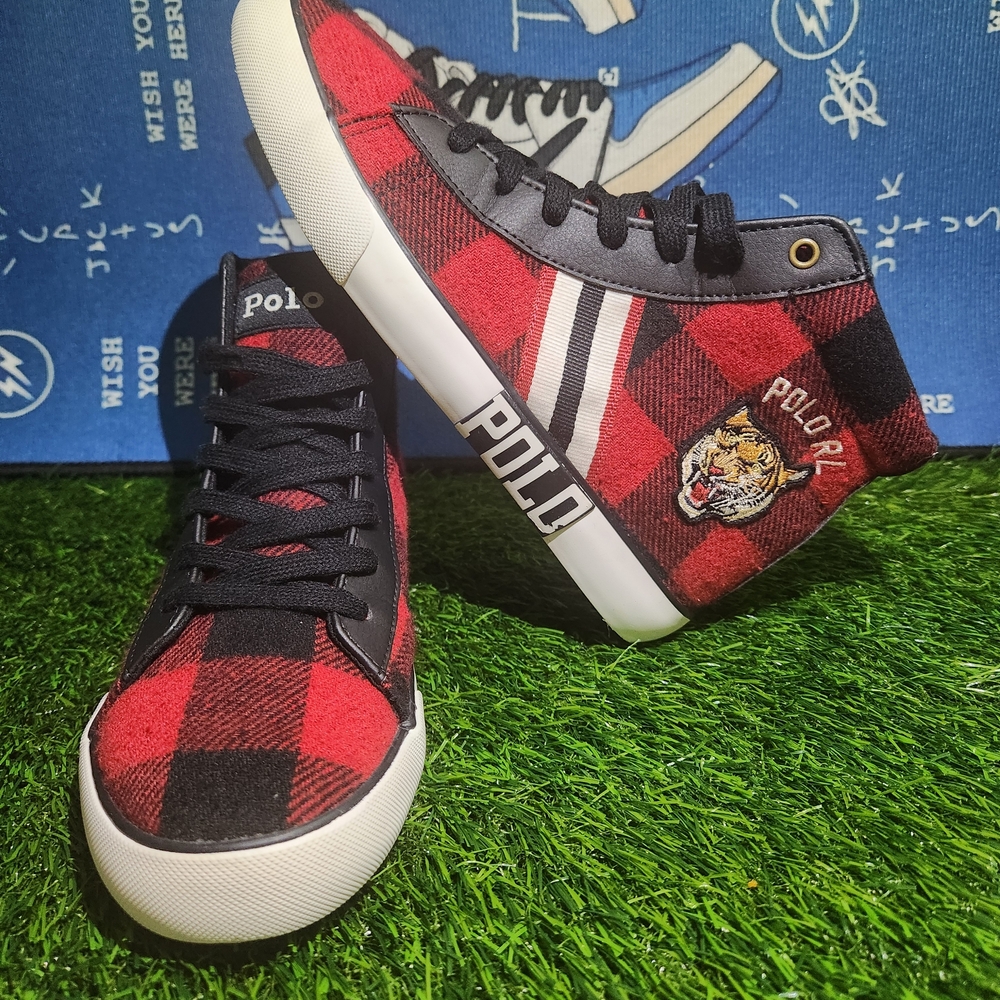 Polo Ralph Lauren Red and Black Plaid Youth Sneakers 5.5Y Womens 7